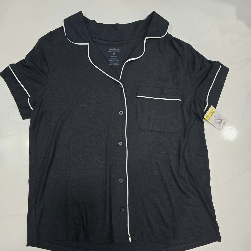 Auden Women's Cloud Knit Short Sleeve Notch Collar Pajama Top Black Size M